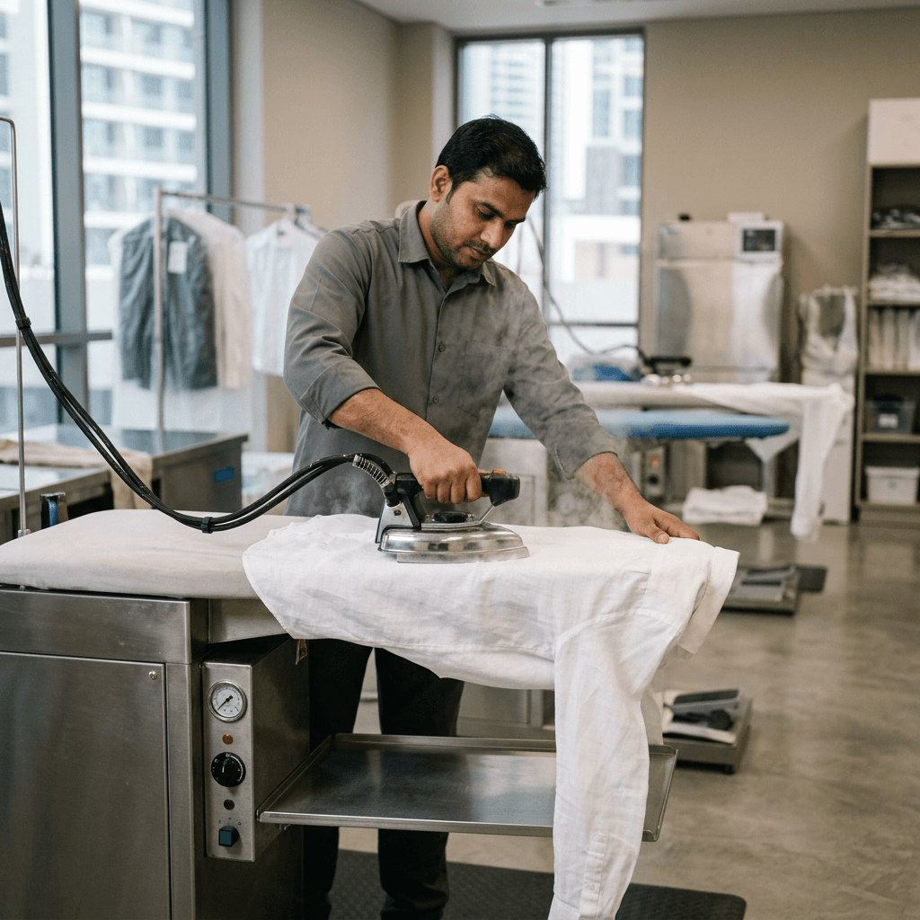 Garment being pressed and ironed
